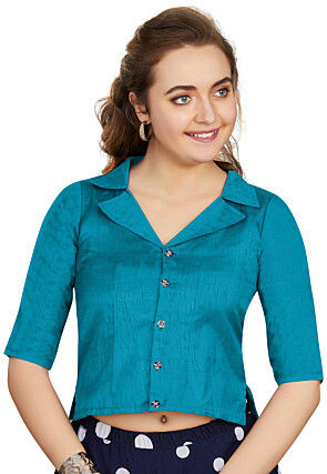 Solid Color Art Silk Blouse in Sky Blue