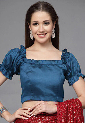 Solid Color Art Silk Blouse in Teal Blue