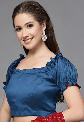 Solid Color Art Silk Blouse in Teal Blue