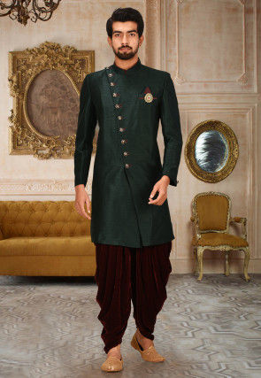 Solid Color Art Silk Dhoti Kurta in Dark Green