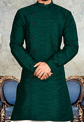 Solid Color Art Silk Dhoti Kurta in Teal Green