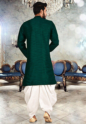 Solid Color Art Silk Dhoti Kurta in Teal Green