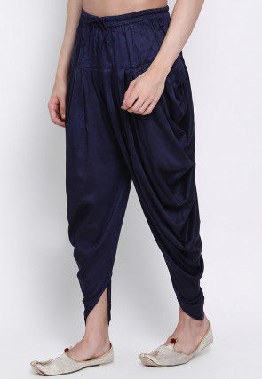 Solid Color Art Silk Dhoti Pant in Navy Blue