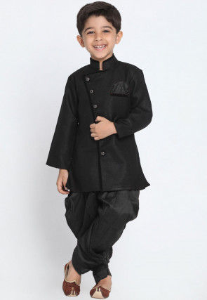 Solid Color Art Silk Dhoti Sherwani in Black