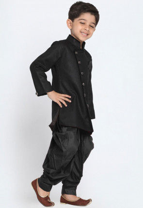 Solid Color Art Silk Dhoti Sherwani in Black