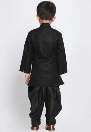 Solid Color Art Silk Dhoti Sherwani in Black