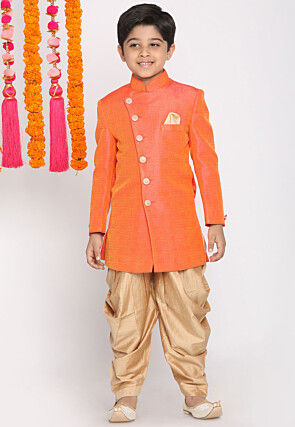 Solid Color Art Silk Dhoti Sherwani in Peach