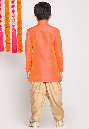 Solid Color Art Silk Dhoti Sherwani in Peach