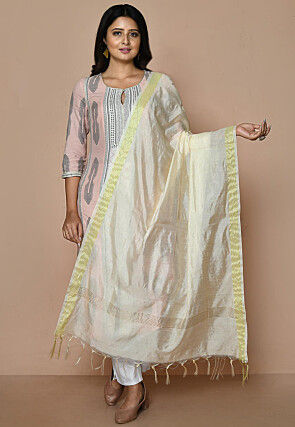 Solid Color Art Silk Dupatta From Banaras in Cream