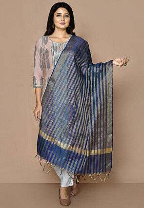 Solid Color Art Silk Dupatta From Banaras in Navy Blue
