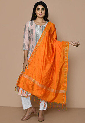 Solid Color Art Silk Dupatta From Banaras in Orange