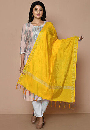 Solid Color Art Silk Dupatta From Banaras in Yellow