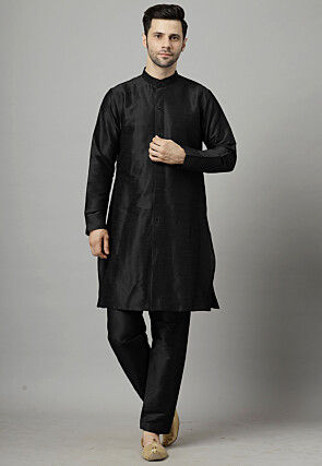 Solid Color  Art Silk Front Slit Kurta Set in Black