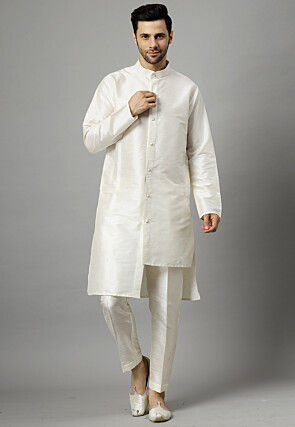 Solid Color Art Silk High Low Kurta Set in Off White