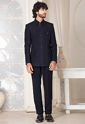 Solid Color Art Silk Jacket Set in Blue