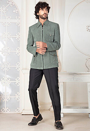 Solid Color Art Silk Jacket Set in Dusty Green