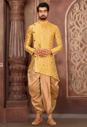 Solid Color Art Silk Jacquard Dhoti Kurta in Yellow