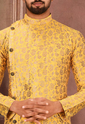 Solid Color Art Silk Jacquard Dhoti Kurta in Yellow