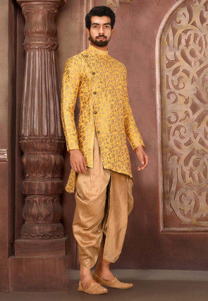 Solid Color Art Silk Jacquard Dhoti Kurta in Yellow