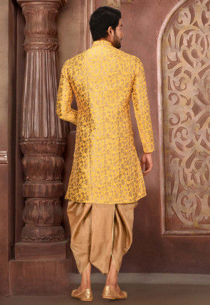 Solid Color Art Silk Jacquard Dhoti Kurta in Yellow