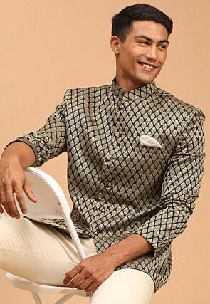 Solid Color Art Silk Jacquard Jodhpuri Jacket in Black