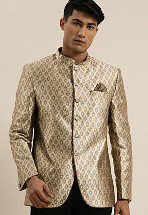 Solid Color Art Silk Jacquard Jodhpuri Jacket in Dusty Green