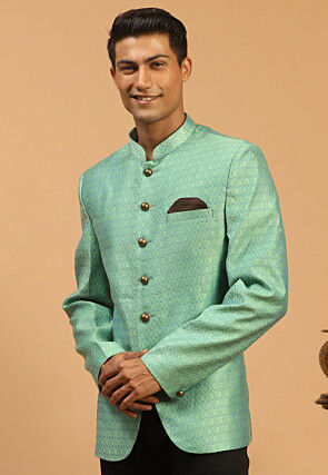 Solid Color Art Silk Jacquard Jodhpuri Jacket in Green