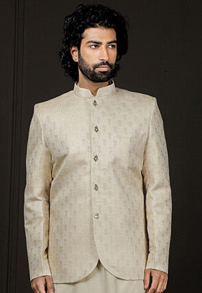 Solid Color Art Silk Jacquard Jodhpuri Jacket in Light Beige
