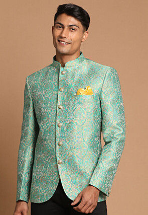 Solid Color Art Silk Jacquard Jodhpuri Jacket in Sea Green