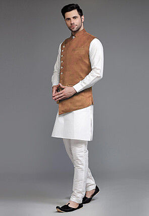 Solid Color Art Silk Kurta Set in Off White