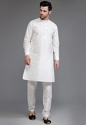 Solid Color Art Silk Kurta Set in Off White