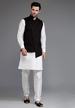 Solid Color Art Silk Jacquard Kurta Set in Off White