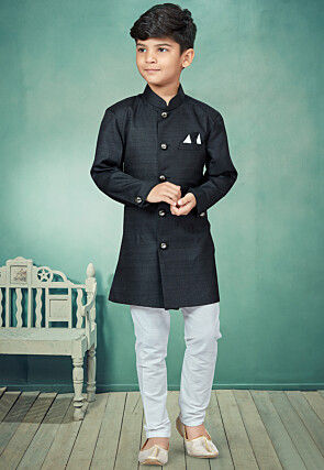 Solid Color Art Silk Jacquard Sherwani in Black