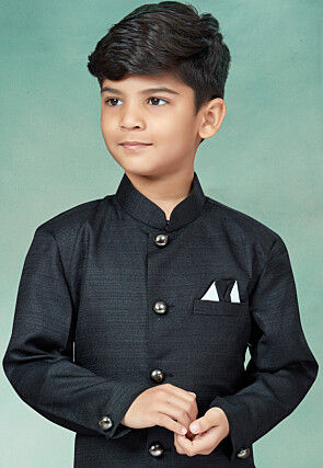 Solid Color Art Silk Jacquard Sherwani in Black