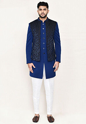 Solid Color Art Silk Jacquard Sherwani in Blue