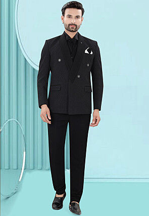 Solid Color Art Silk Jacquard Tuxedo in Black