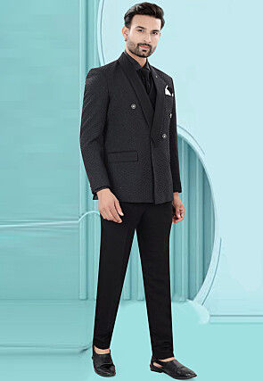 Solid Color Art Silk Jacquard Tuxedo in Black