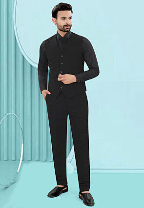 Solid Color Art Silk Jacquard Tuxedo in Black