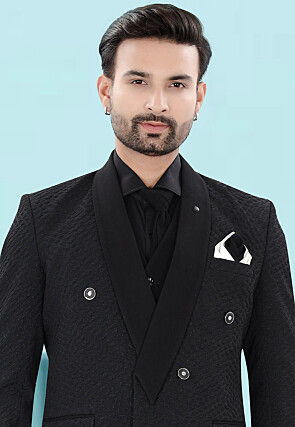 Solid Color Art Silk Jacquard Tuxedo in Black
