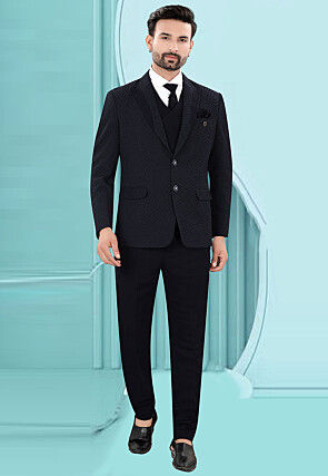 Solid Color Art Silk Jacquard Tuxedo in Navy Blue