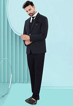 Solid Color Art Silk Jacquard Tuxedo in Navy Blue