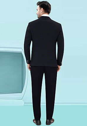 Solid Color Art Silk Jacquard Tuxedo in Navy Blue