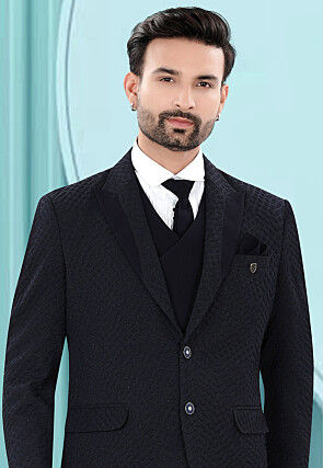 Solid Color Art Silk Jacquard Tuxedo in Navy Blue