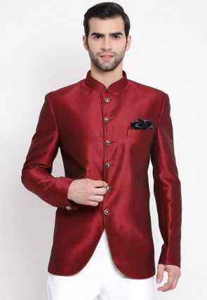 Solid Color Art Silk Jodhpuri Jacket in Maroon