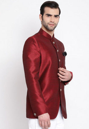 Solid Color Art Silk Jodhpuri Jacket in Maroon