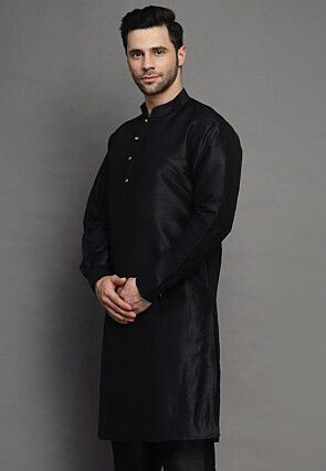 Solid Color Art Silk Kurta in Black