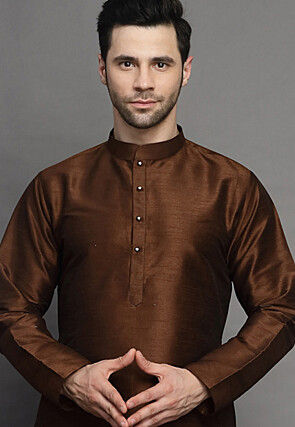 Solid Color Art Silk Kurta in Brown