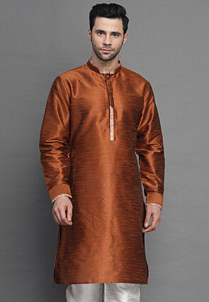 Solid Color Art Silk Kurta in Brown