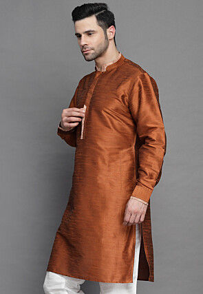 Solid Color Art Silk Kurta in Brown