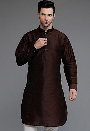 Solid Color Art Silk Kurta in Brown